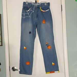 Vintage Halloween-Themed Embroidered Blue Straight Leg Jeans Festive Size 6